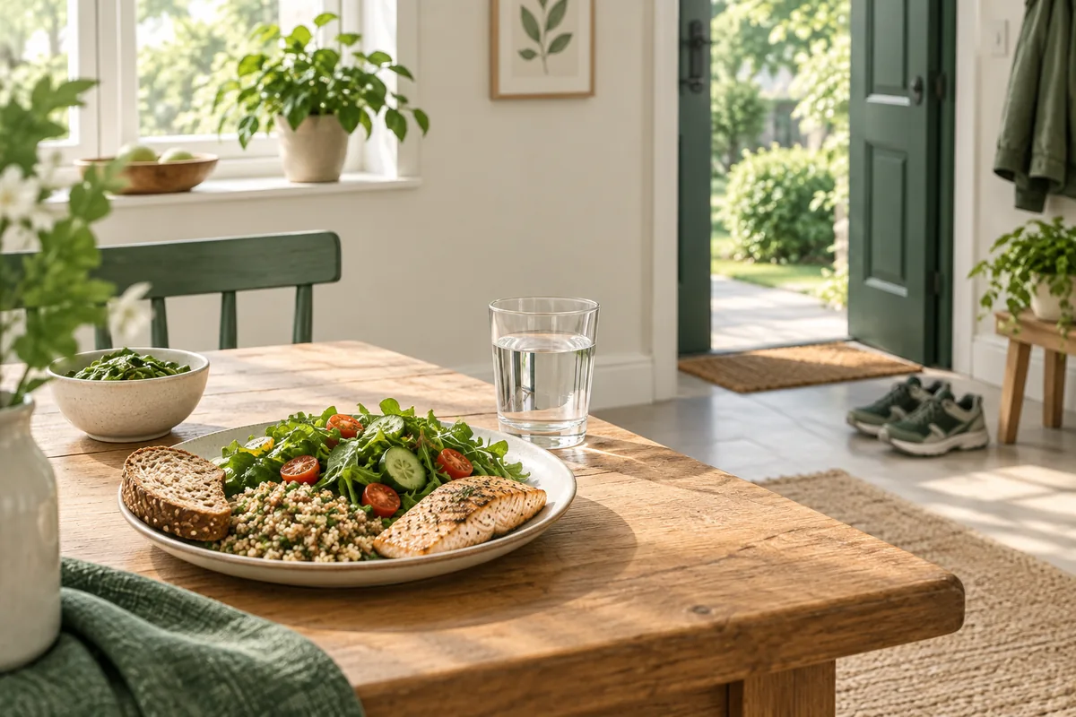 Repas ordinaire avec légumes, pain et eau ; des chaussures de marche sont près de la porte