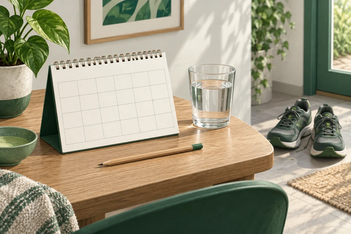 Een lege kalender, een potlood en een glas water op tafel, met wandelschoenen ernaast.