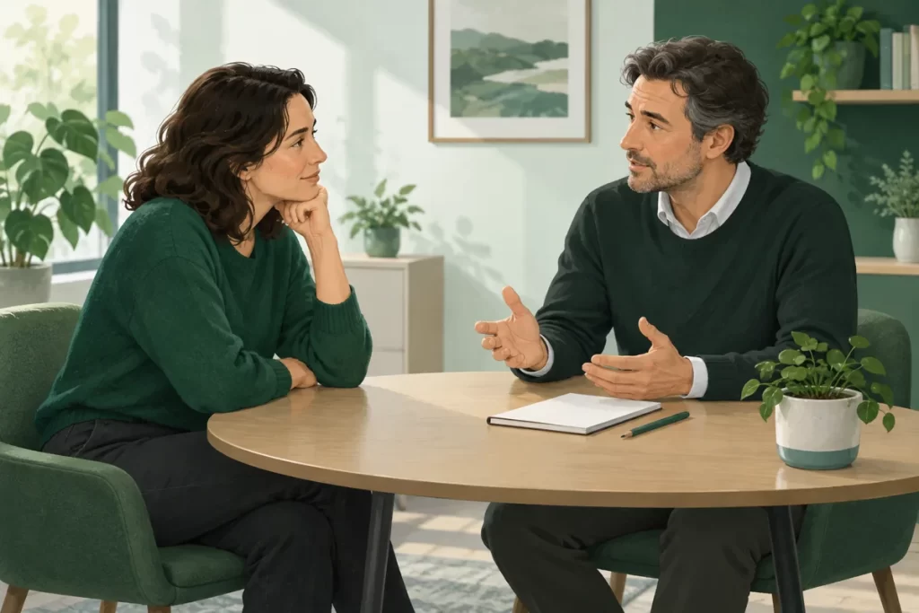Twee volwassenen bespreken iets aan een tafel met een notitieboek.