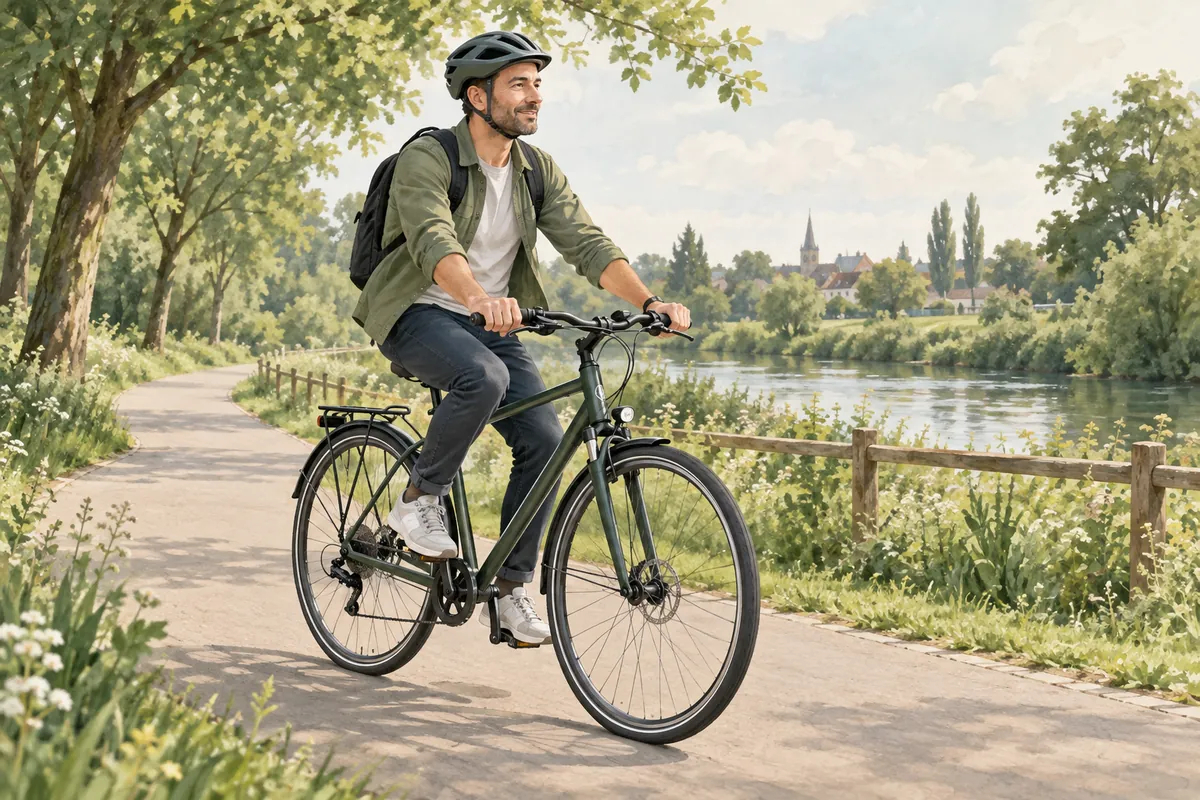 Un homme adulte portant un casque fait du vélo sur un chemin verdoyant au bord de l’eau.